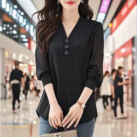 长袖v领雪纺上衣女2025新款春秋季宽松大码遮屁股妈妈打底衫薄款图片