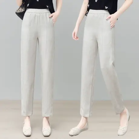莱赛尔天丝亚麻松紧腰哈伦裤女2025夏季薄款小个子九分萝卜休闲裤商品大图