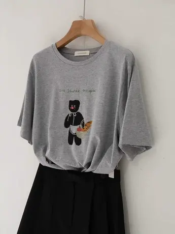 卡通印花灰色短袖T恤女装2024夏季新款宽松韩系百搭显瘦圆领上衣商品大图