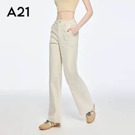 A21女装口袋微弹休闲裤简约宽松显瘦长裤设计感阔腿裤商品大图
