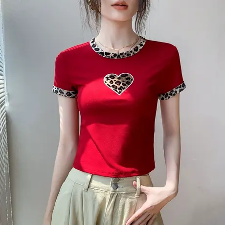 心型豹纹拼接圆领短袖T恤女2025夏季新款修身设计感小众别致上衣图片