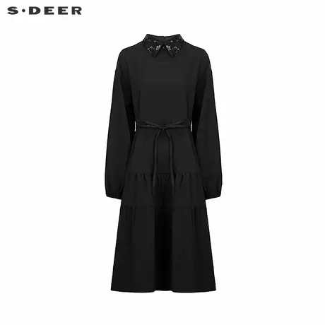 sdeer圣迪奥女装翻领收腰碎褶撞色印花连衣裙S244Z12A8商品大图