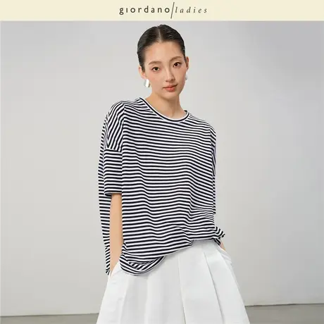 GL2025夏季新款条纹T恤女珠地布圆领宽松蝙蝠袖中长款T恤02325032商品大图