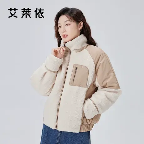 艾莱依短款羽绒服女2023新款连帽仿羊羔毛拼接鸭绒时尚韩版外套冬商品大图