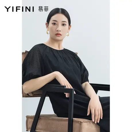 Yifini/易菲黑色优雅气质圆领两件套中长款连衣裙女2023夏季新款商品大图