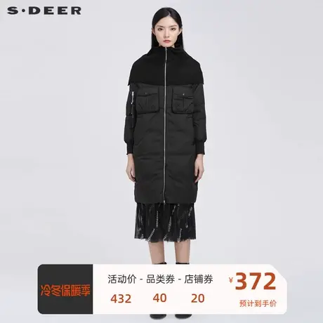 sdeer圣迪奥女装时尚针织拼接罗纹茧型羽绒服女 🔪中长款S20482457商品大图