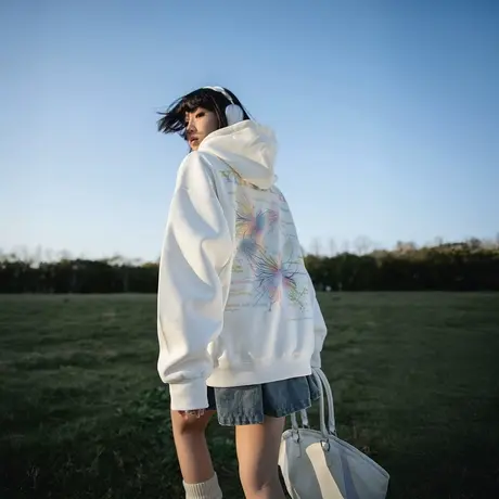 YEP彩色蝴蝶印花连帽卫衣女春秋2025年新款宽松复古帽衫外套加绒图片