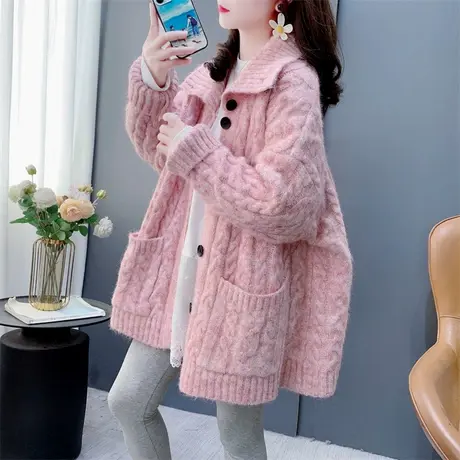 复古麻花翻领毛衣开衫女秋冬2024新款宽松慵懒风加厚百搭针织外套图片