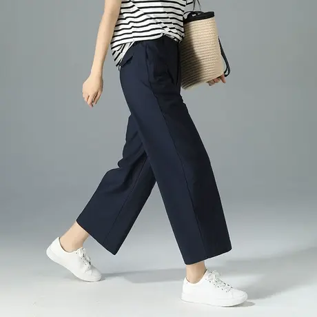 莫代尔直筒裤女夏季薄款休闲高腰显瘦宽松小个子九分裤藏青色裤子商品大图