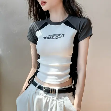 圆领撞色印花抽绳短袖t恤女2025夏季新款修身显瘦辣妹正肩打底衫图片
