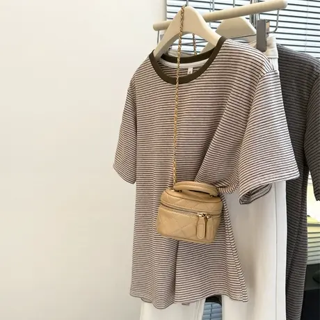 夏季2025新款纯棉短袖T恤女宽松韩版内搭外穿打底衫条纹半袖上衣图片