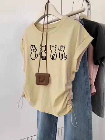 夏季卡其色T恤女韩版chic小个子甜辣风短袖闺蜜正肩褶皱收腰上衣商品大图