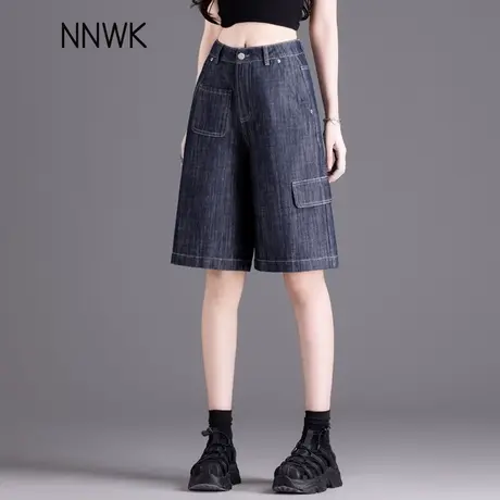 女士工装牛仔短裤女2025新款薄款亚麻直筒阔腿五分裤宽松显瘦中裤商品大图