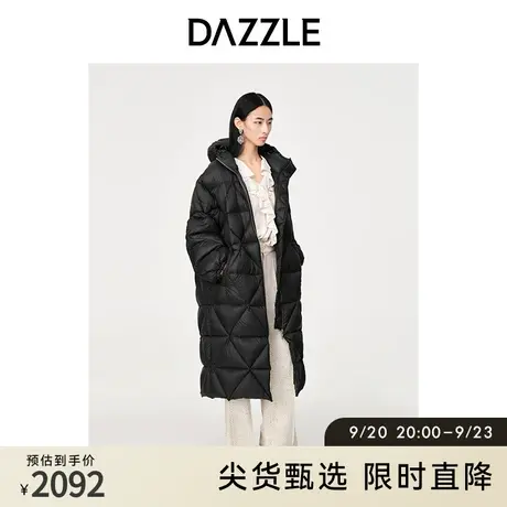 DAZZLE地素奥莱冬黑色绗缝连帽中长款菱格泡芙面包羽绒服外套女图片