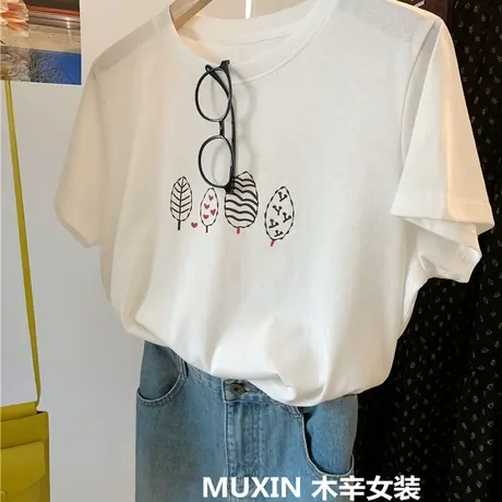 树叶印花夏季轻薄雪花棉宽松休闲百搭女式复古文艺时尚短袖T恤衫商品大图