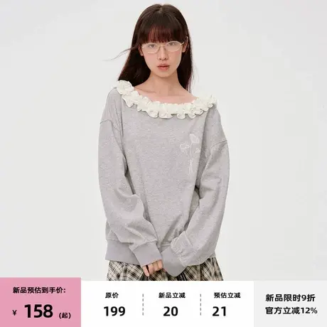 【7/08 20点新品9折】omont蛋挞家斜肩荷叶边宽松休闲卫衣上衣女商品大图