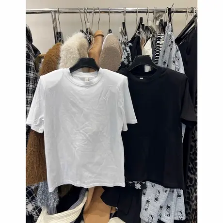 韩国东大门2025春季新款简约纯色百搭宽松套头垫肩短袖T恤上衣女商品大图