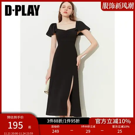 DPLAY夏新法式经典黑宫廷领高开衩飞飞袖长款连衣裙小黑裙图片