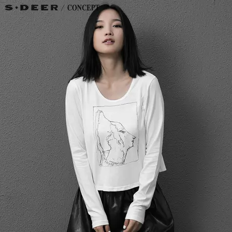 sdeer圣迪奥女写意涂鸦印花短款长袖T恤S15380288图片