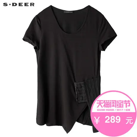 sdeer圣迪奥2018夏装女纯黑肌理拼接缺口摆圆领短袖T恤S17280109图片