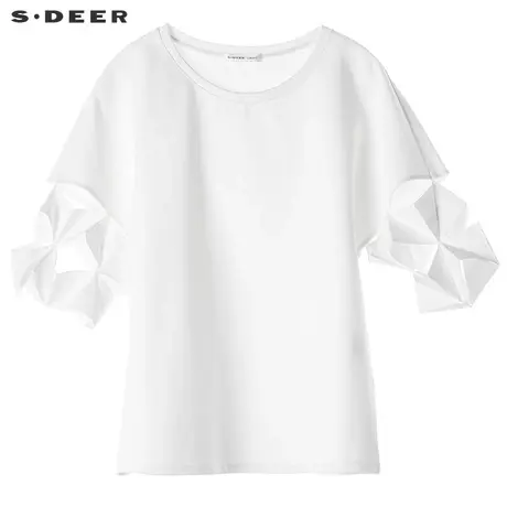 sdeer圣迪奥2018秋装圆领套头镂空白色折叠袖口短袖T恤S18182215图片