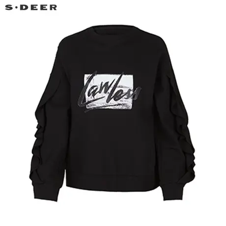 sdeer圣迪奥22春夏新品时尚圆领撞色印花木耳边长袖卫衣S221Z0203图片