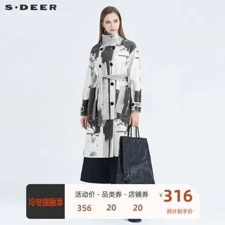 sdeer圣迪奥女装立领双排扣收腰字母印花毛呢大衣S20481844图片
