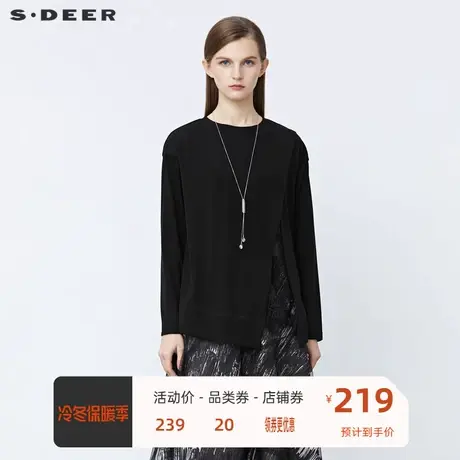 sdeer圣迪奥女装休闲圆领拼接蕾丝开衩不规则长袖T恤S21480217图片