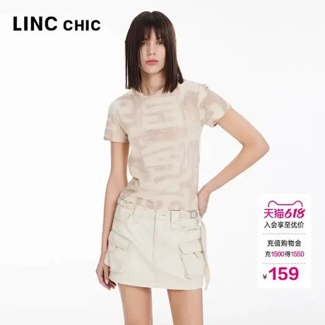 LINCCHIC金羽杰正肩短袖上衣女小圆领半袖印花T恤女S242FK360Y图片