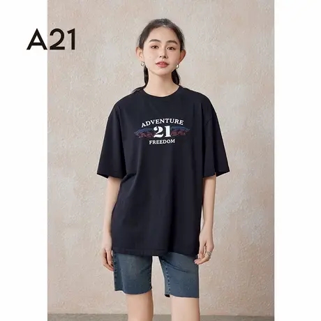 A21女装针织宽松圆领落肩中袖T恤夏季纯棉重磅美式简约打底衫女生图片