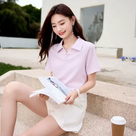 时尚短袖T恤2024年夏季新款女衬衫领减龄百搭纯色简约通勤上衣商品大图