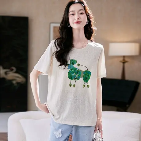 宝诗黎圆领钉珠印花短袖T恤2025夏季时尚简约宽松休闲棉质上衣女图片