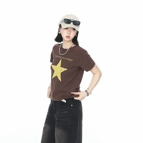 2025新款创意印花正肩短款短袖T恤女夏季美式街头辣妹风半袖上衣图片