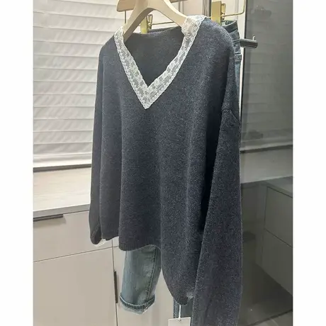 V领拼接套头毛衣女纯色内搭洋气长袖针织衫上衣商品大图