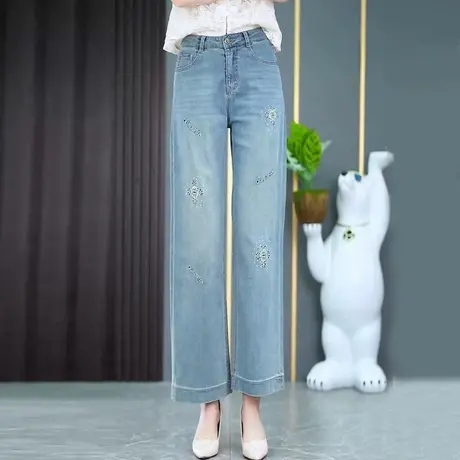 蓝色薄款窄版牛仔直筒裤女夏季新款高腰显瘦小个子刺绣九分阔腿裤商品大图