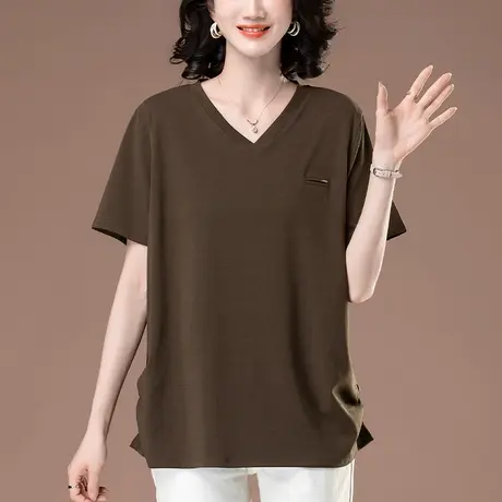 短袖t恤女夏季新款宽松加肥加大码中年妈妈纯色V领遮肚子半袖体恤图片