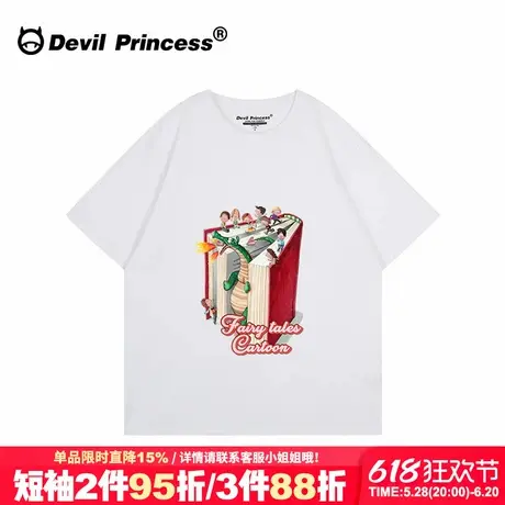 vintage小众通勤白色短袖t恤女2025春夏新款卡通印花正肩超火上衣商品大图