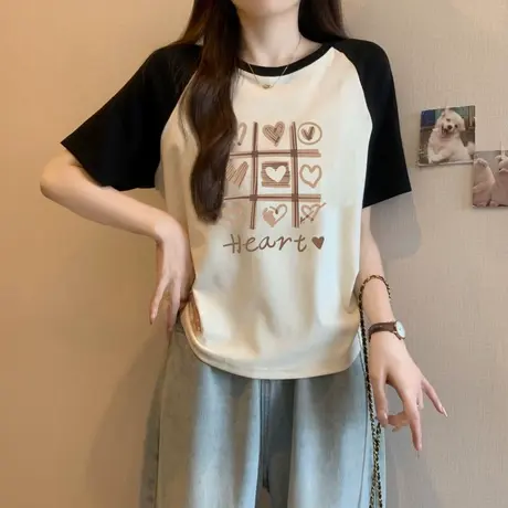 撞色拼接插肩短袖T恤女夏季打底衫内搭宽松短款半袖chic上衣潮ins商品大图