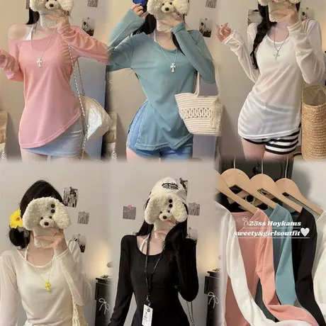 2025夏季薄款外搭一字领斜肩性感辣妹不规则防晒针织罩衫长袖t恤商品大图