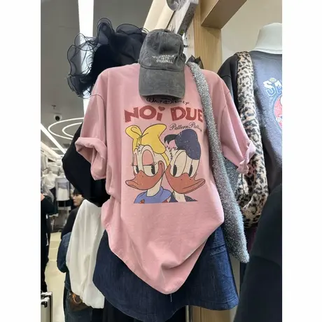 2025夏季新款卡通字母印花减龄韩版宽松休闲大版短袖圆领T恤女潮商品大图