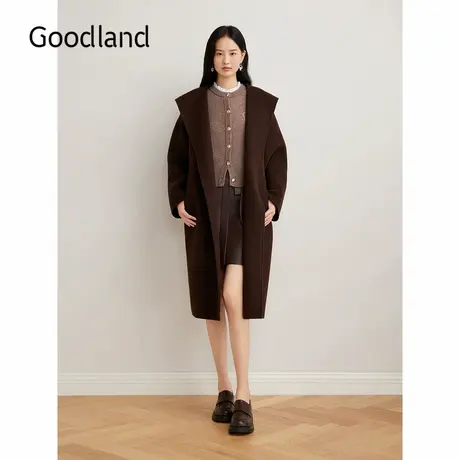 Goodland美地2024冬季新款时尚长款大翻领纯羊毛双面呢大衣外套图片