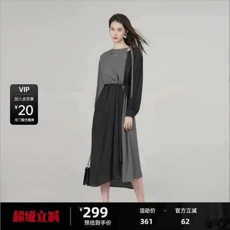 SDEER圣迪奥女装秋圆领露肩撞色拼接垂坠连衣裙S241Z12D5商品大图