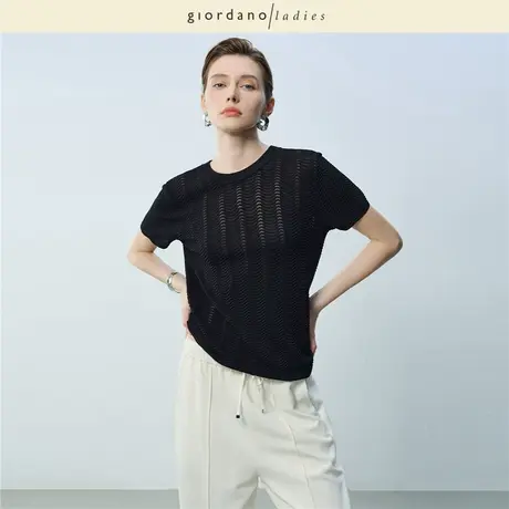 GL2025夏季新款镂空针织衫女知性高级感圆领短袖针织衫女02355040图片