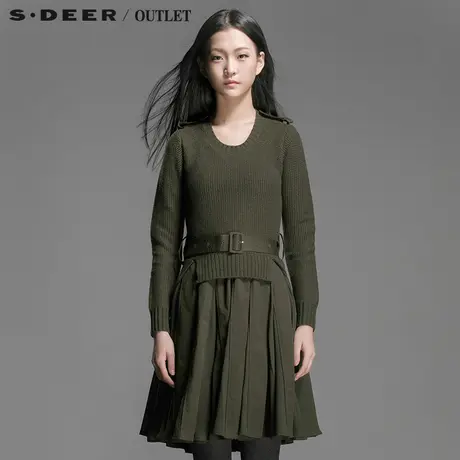 s.deer【新品】圣迪奥女装军绿针织拼接系腰带连衣裙S14481261商品大图