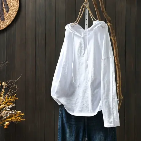 纯色纯棉竹节棉t恤女长袖连帽2024春装新款宽松大板遮肉套头上衣商品大图