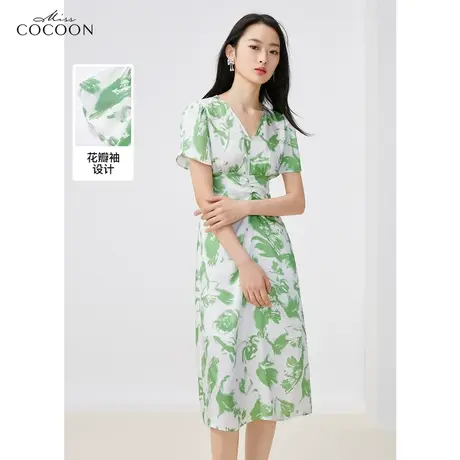 missCOCOON法式印花连衣裙女2023夏新款V领抽褶设计感气质茶歇裙图片