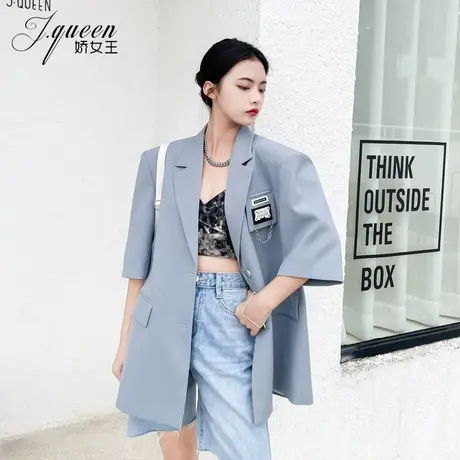 短袖西装外套女夏季薄款宽松复古英伦风廓形贴标宽肩炸街小西服潮商品大图