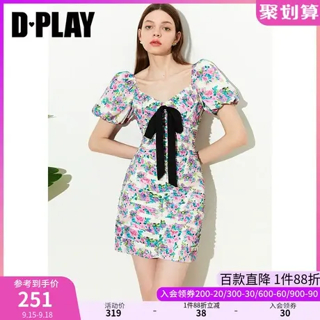 DPLAY2023夏新ins紫调鸢尾撞色蝴蝶结泡泡袖印花抽褶连衣裙商品大图