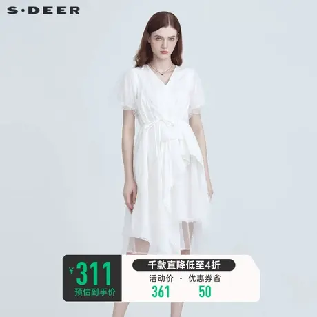 sdeer圣迪奥泡泡袖长裙女夏季V领网纱设计感白色连衣裙S222Z124A商品大图