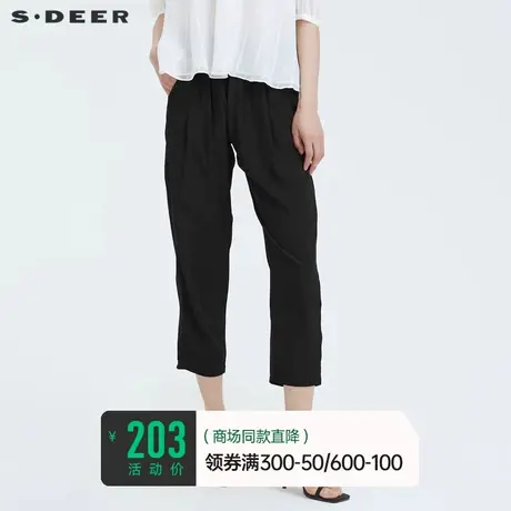 sdeer圣迪奥女装夏装松紧插袋休闲黑色基础款长裤S20280807♏商品大图